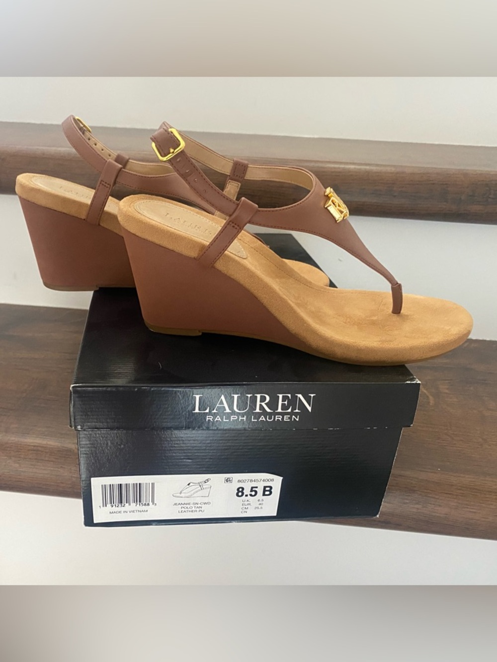 Lauren Ralph Lauren Tan/Brown Wedge Sandals with Gold Hardware